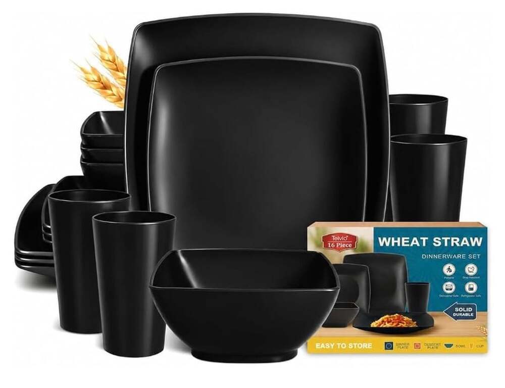 Teivio 16-Piece Wheat Straw Square Dinnerware Set Black